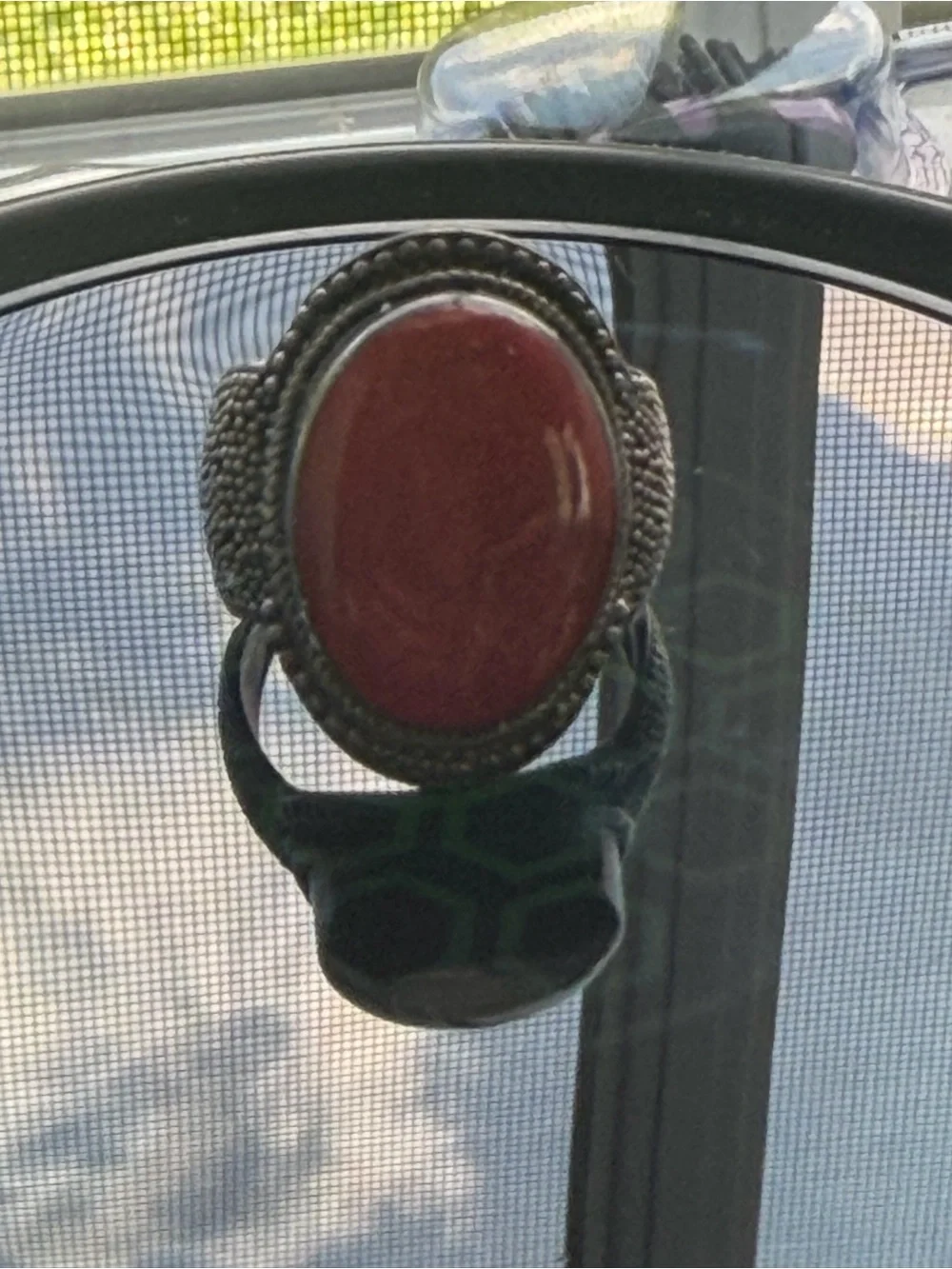 Sterling-Style Unisex Statement Ring with Red Stone and Green Inlay